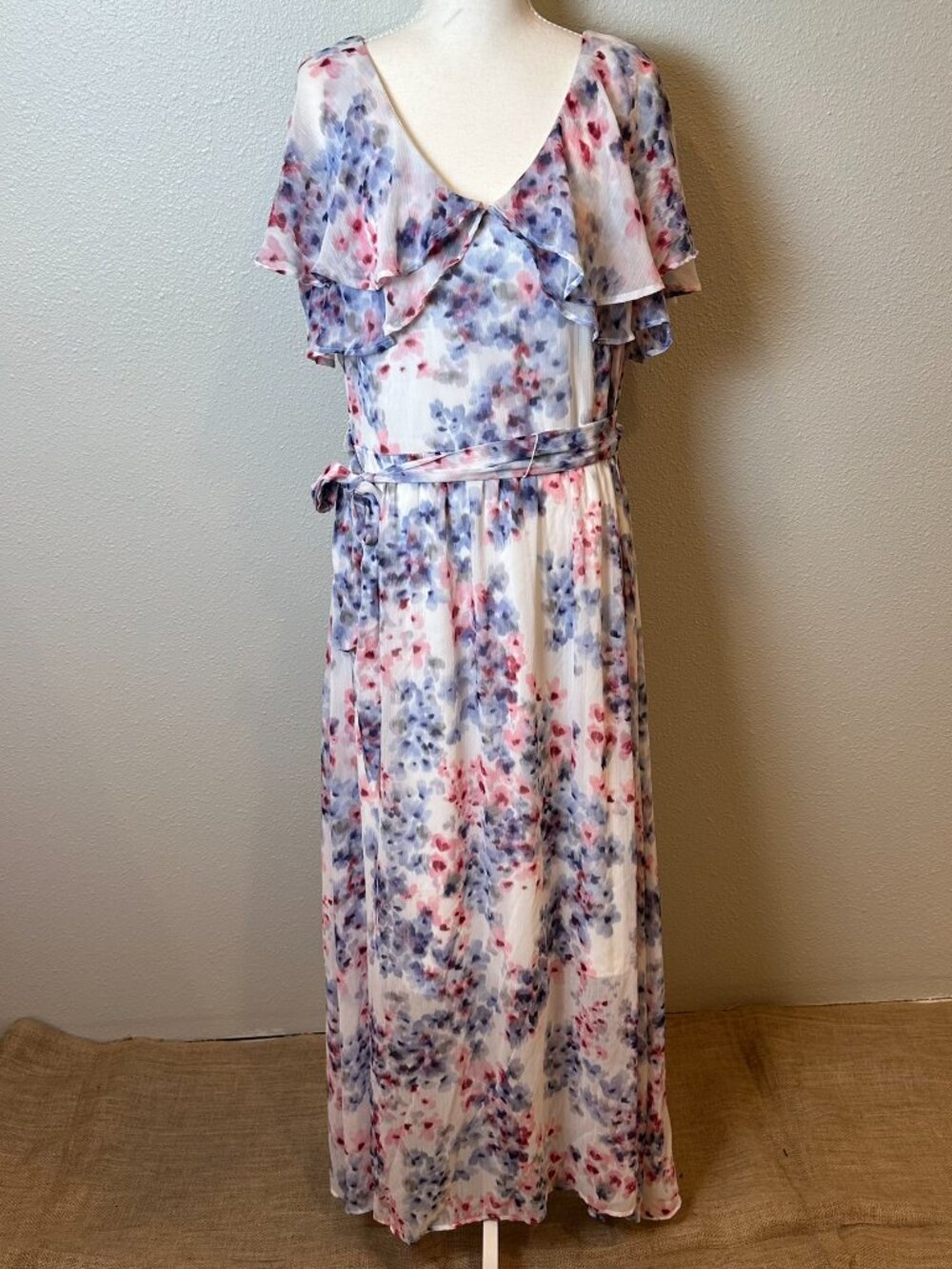 DKNY Floral Maxi Dress 14 Cottagecore Chiffon Romantic Flutter Sleeve